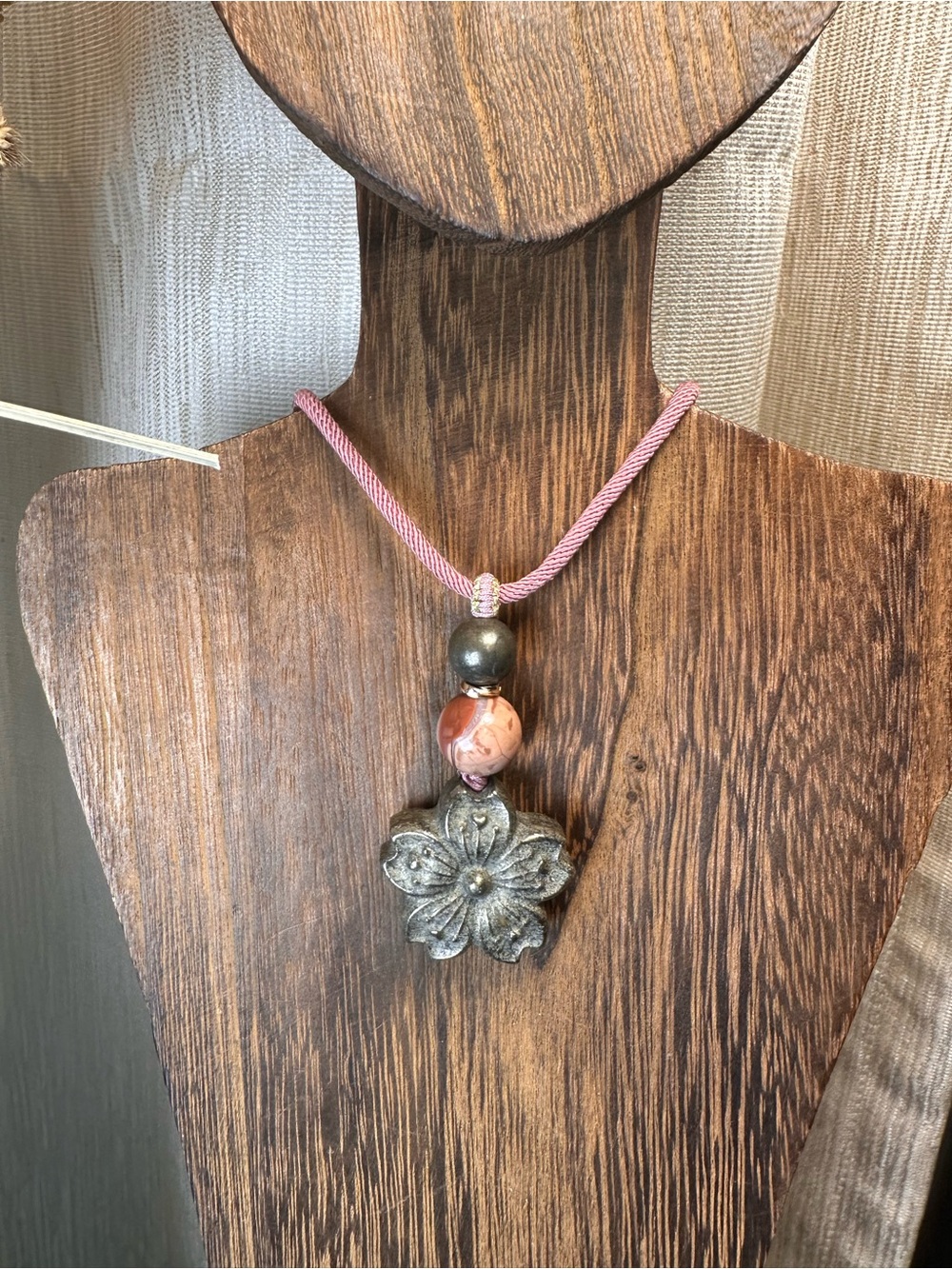 Pyrite Daisy Flower Pendant Necklace on Pink Adjustable Rope - Picture 11 of 15